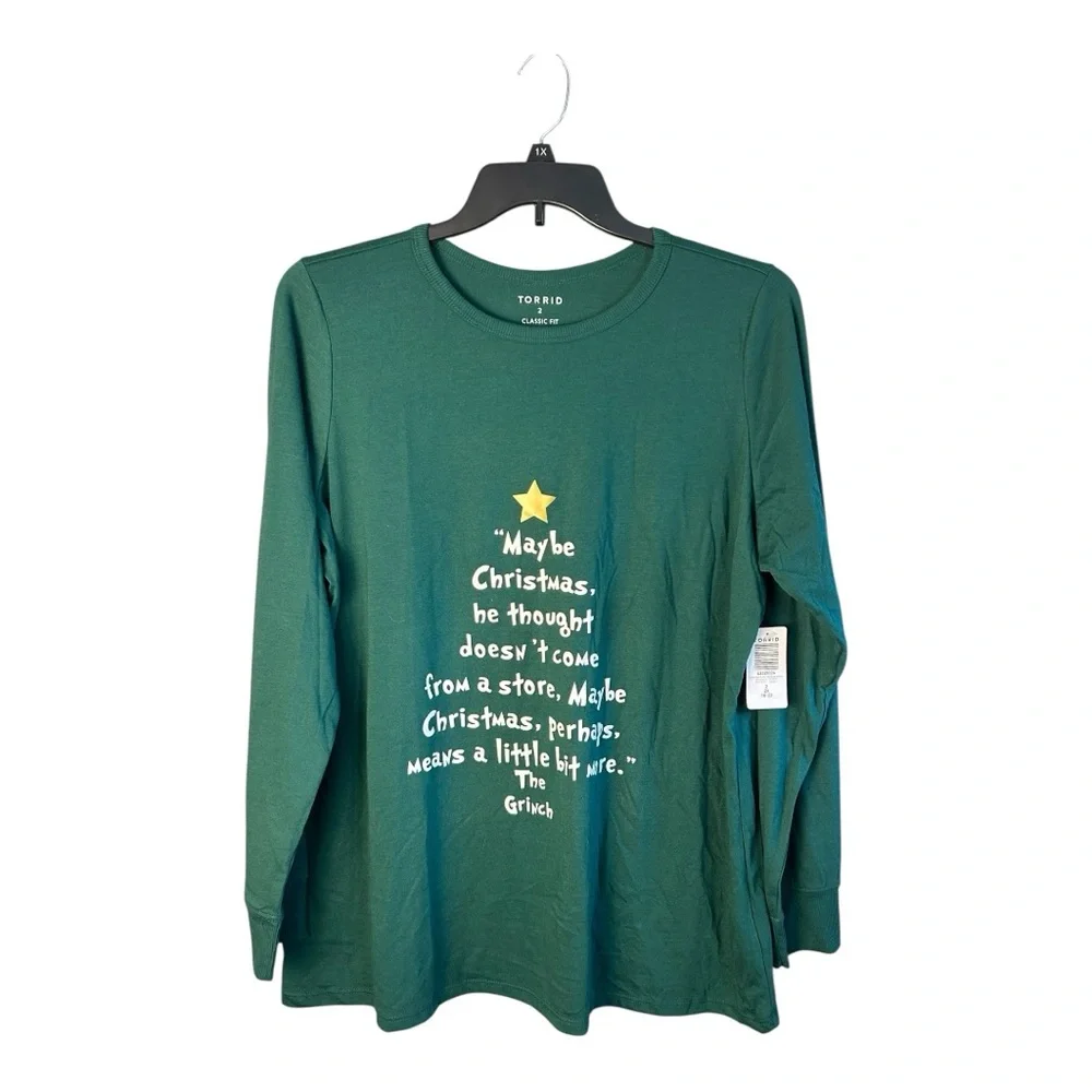 Torrid Grinch Quote Classic Fit Green Long Sleeve Top Size 2X NWT - Picture 8 of 8